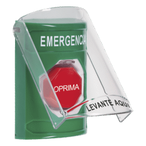BOTÓN DE SALIDA DE EMERGENCIA EN ESPAÑOL CON TAPA PROTECTORA DE P
