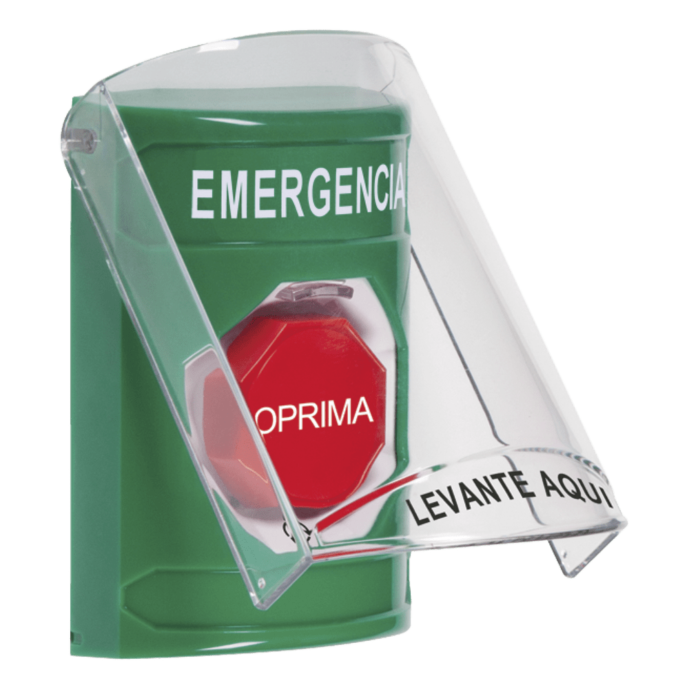 BOTÓN DE SALIDA DE EMERGENCIA EN ESPAÑOL CON TAPA PROTECTORA DE P