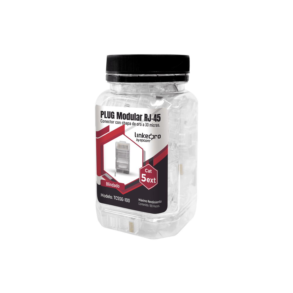 BOTE CON 100 PIEZAS DE PLUG MODULAR RJ45 CAT5E BLINDADO, CHAPADO