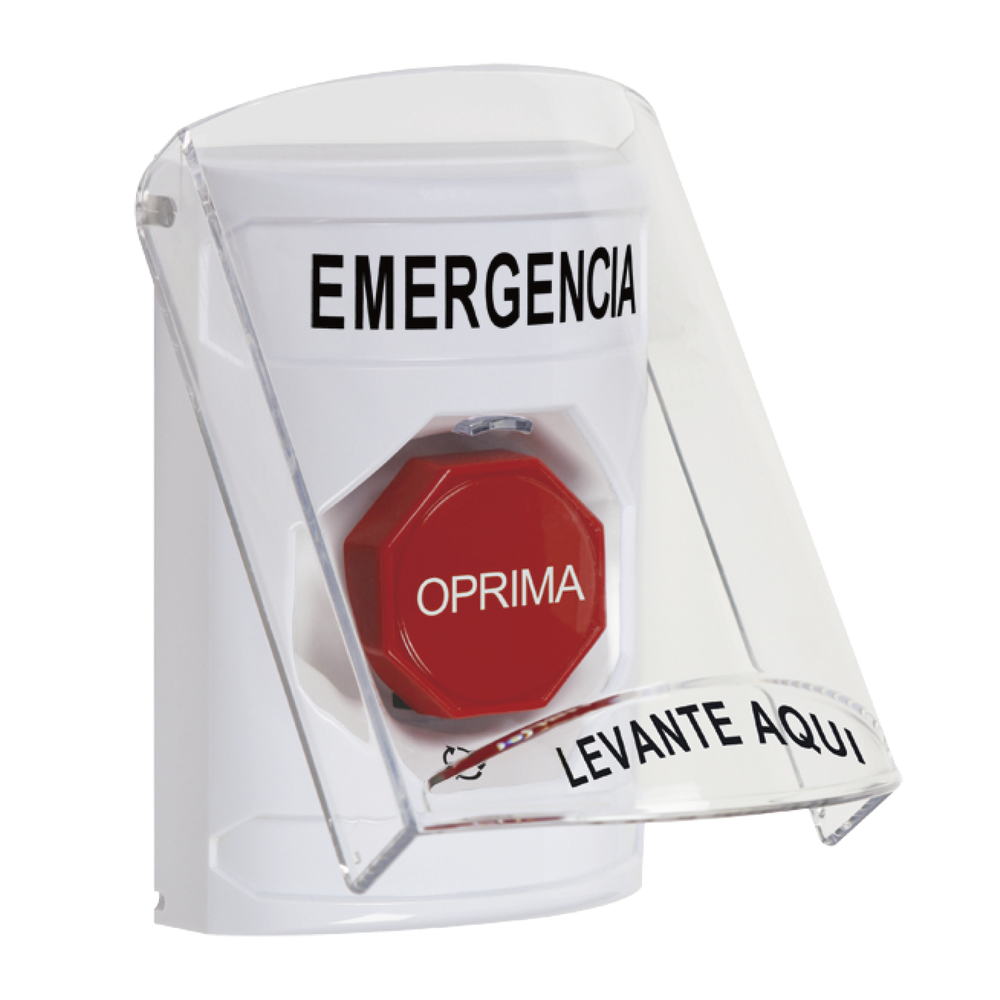 BOTÓN BLANCO DE SALIDA DE EMERGENCIA CON TAPA PROTECTORA DE POLIC