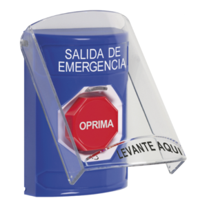 BOTON AZUL DE SALIDA DE EMERGENCIA TEXTO EN ESPA OL TAPA PROTECTO